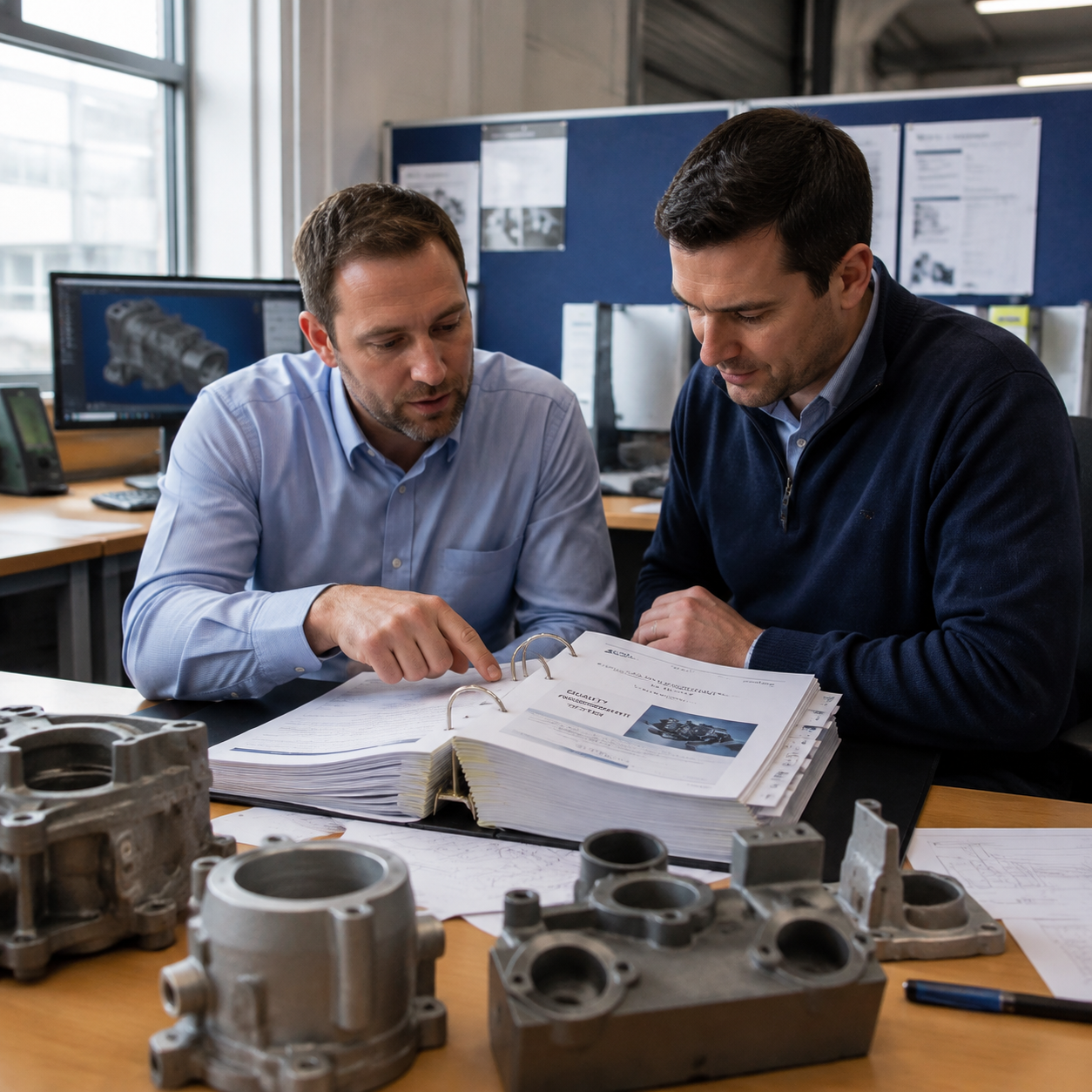 Auditor reviewing PPAP documentation with foundry quality manager