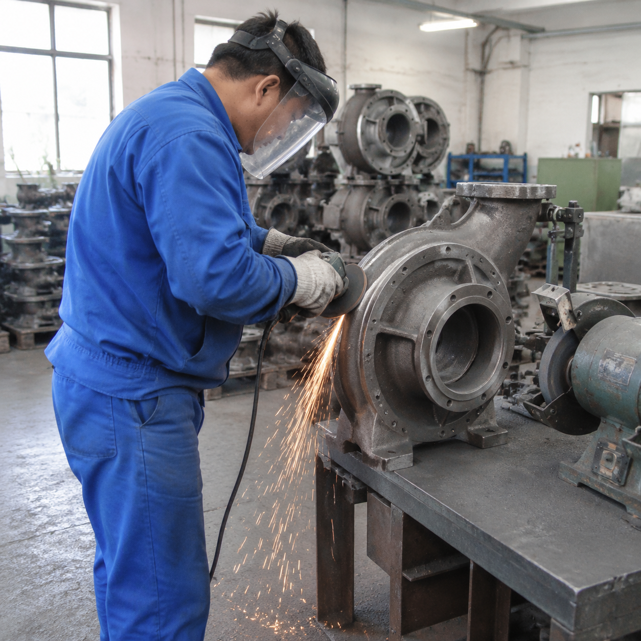 Worker grinding a pump casing casting in a Chinese foundry