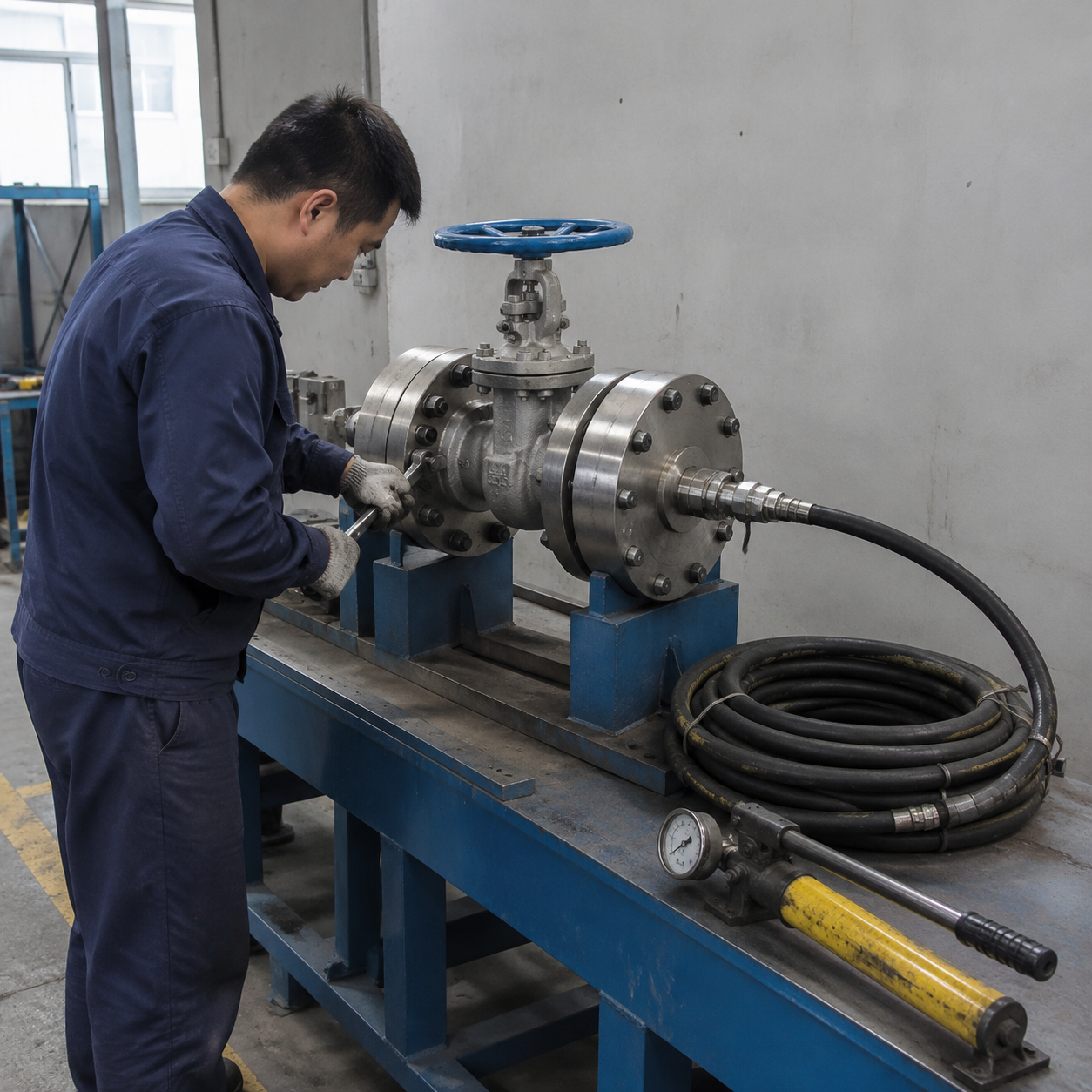 Valve body mounted on a hydrostatic pressure test bench
