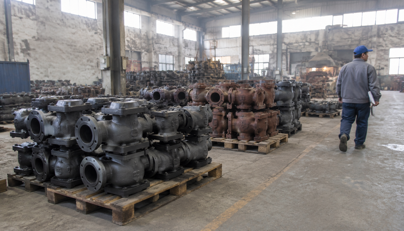 Cast valve bodies on pallets in a Chinese foundry workshop
