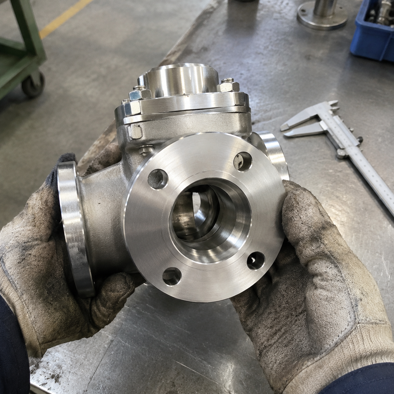 Machined stainless valve body flange face being inspected