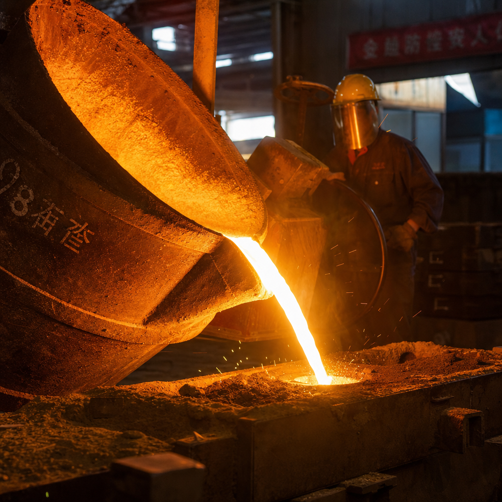 Molten stainless steel poured from a ladle into a mold in a foundry