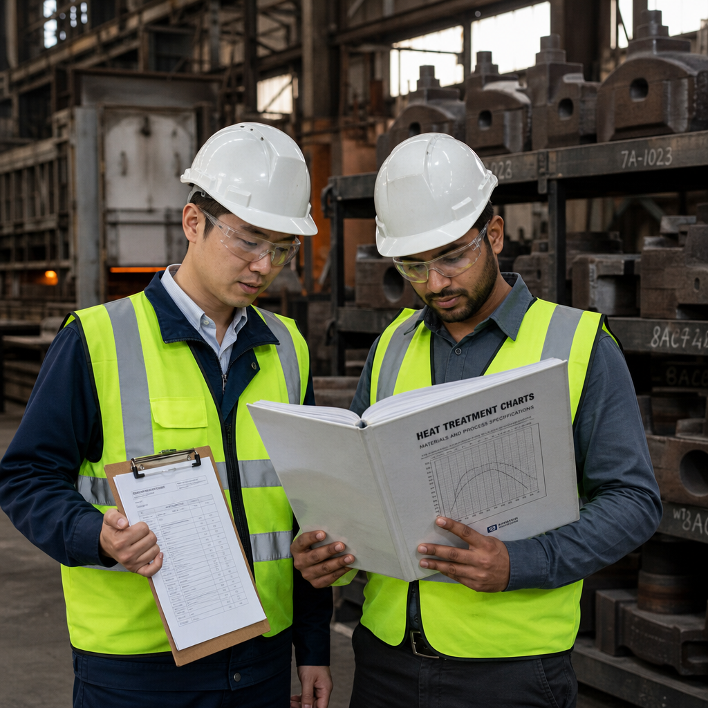 Procurement engineers reviewing heat treatment charts during a foundry audit