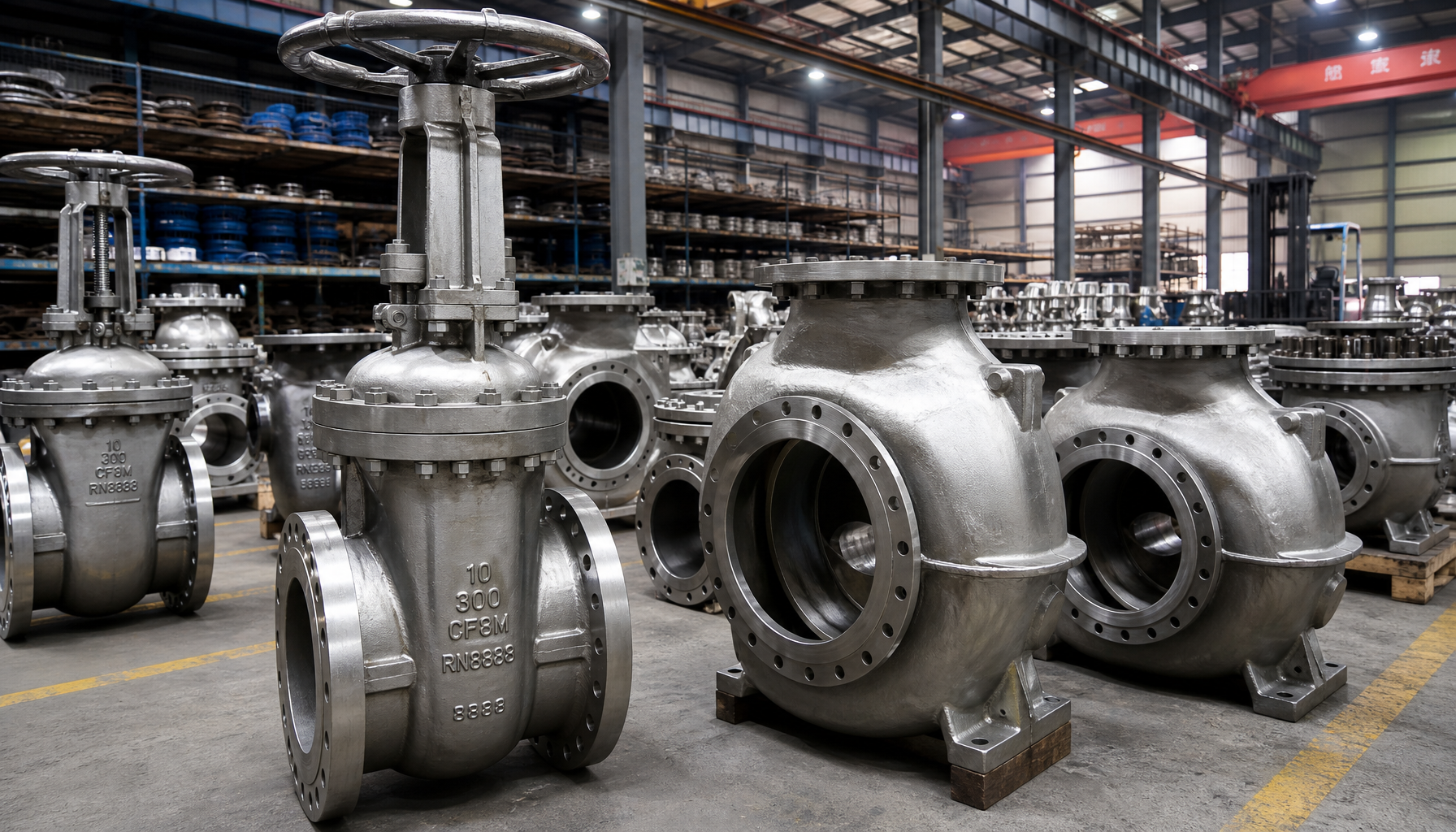Stainless steel pump and valve castings in a foundry warehouse