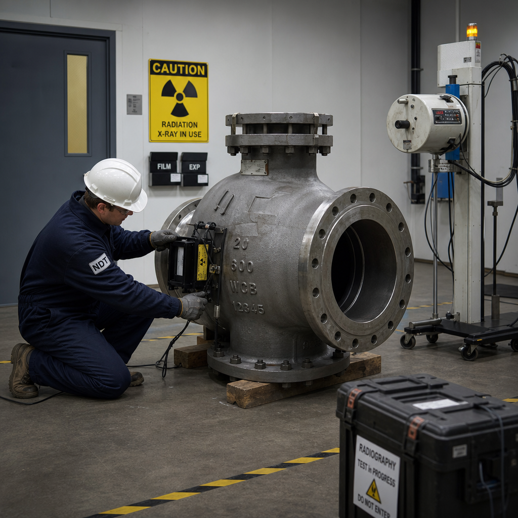 NDT technician performing radiographic inspection on a valve casting