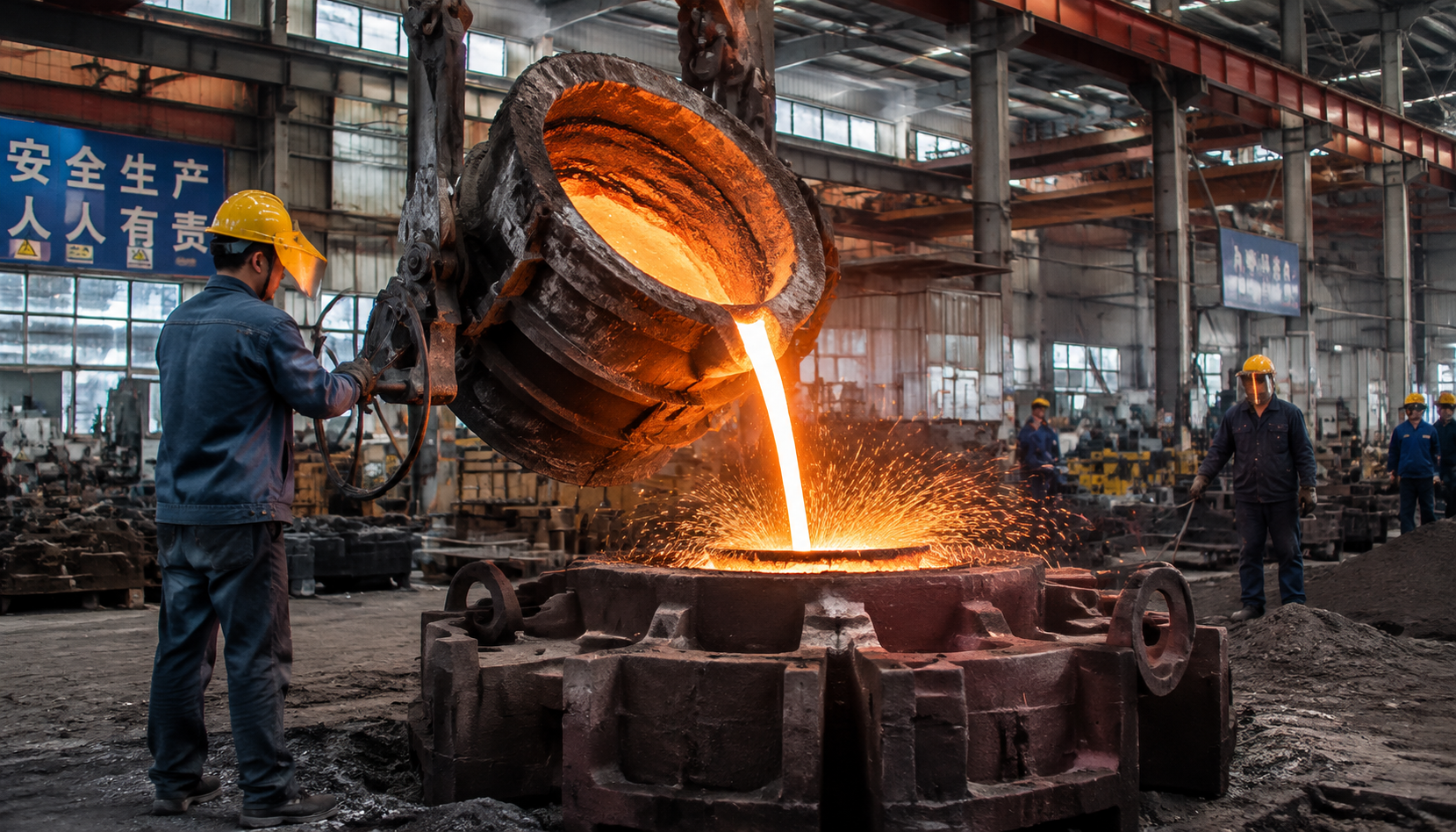 Molten metal pour at a pump casting foundry