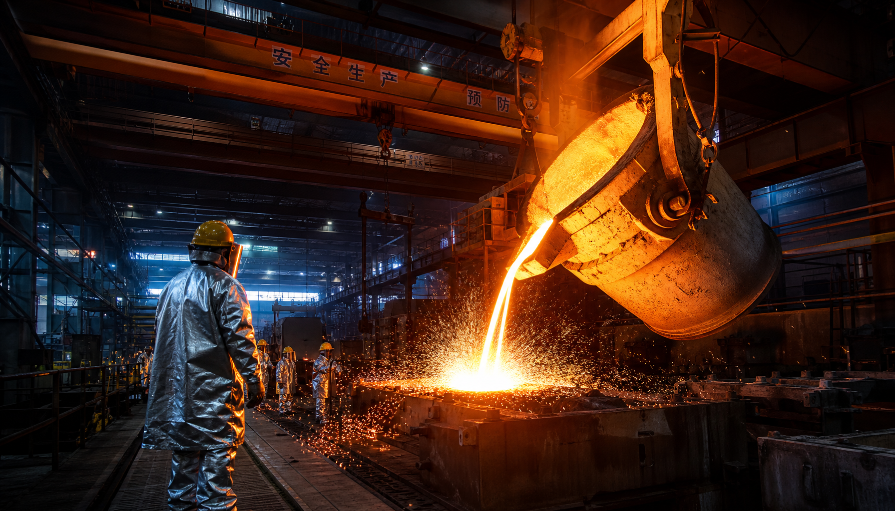 Molten metal being poured into a sand mold in a Chinese pump casting foundry