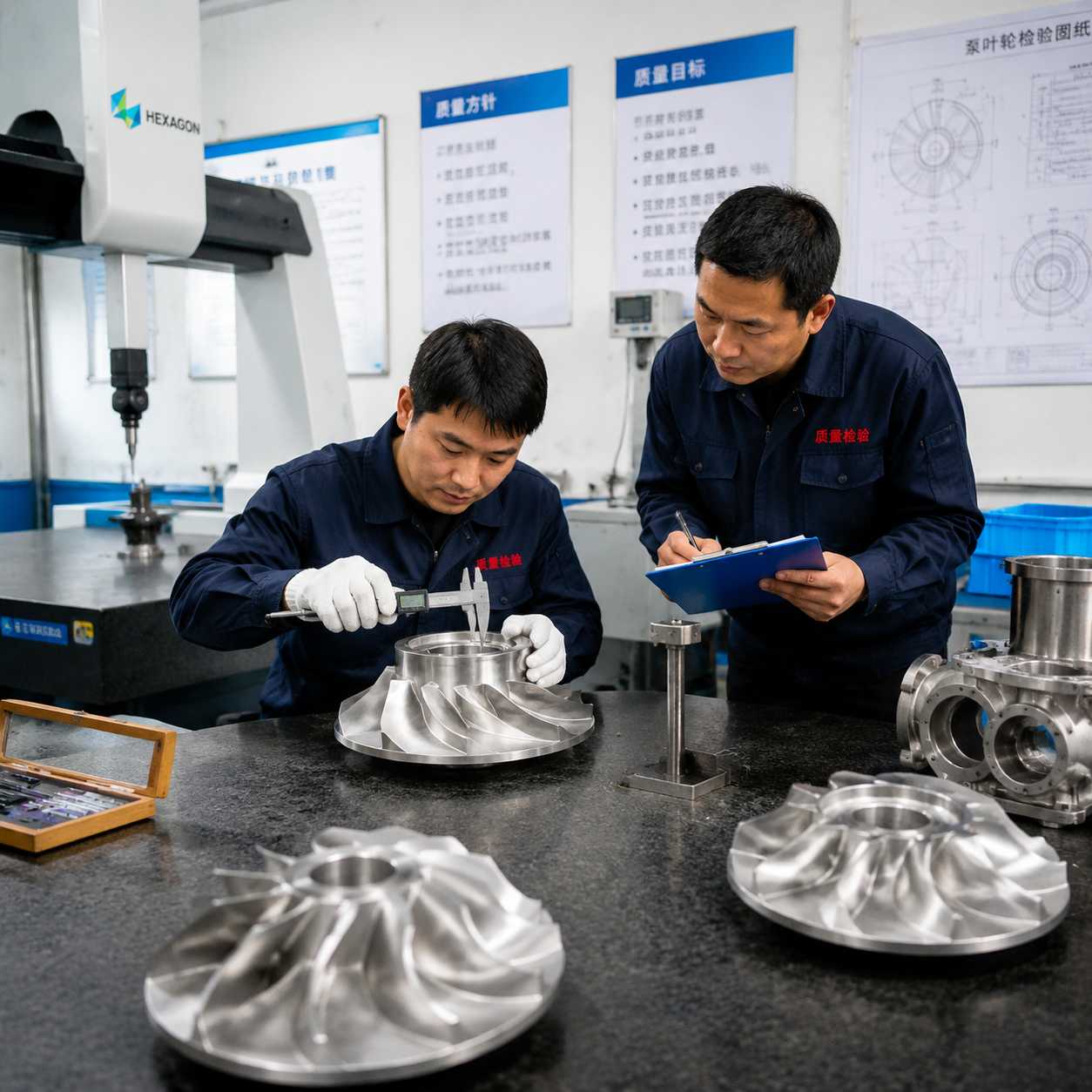 Inspector measuring a stainless steel pump impeller in a Chinese foundry QC room