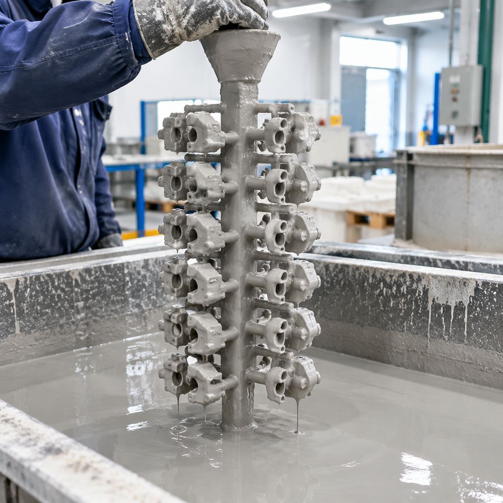 Investment casting wax tree being dipped in ceramic slurry