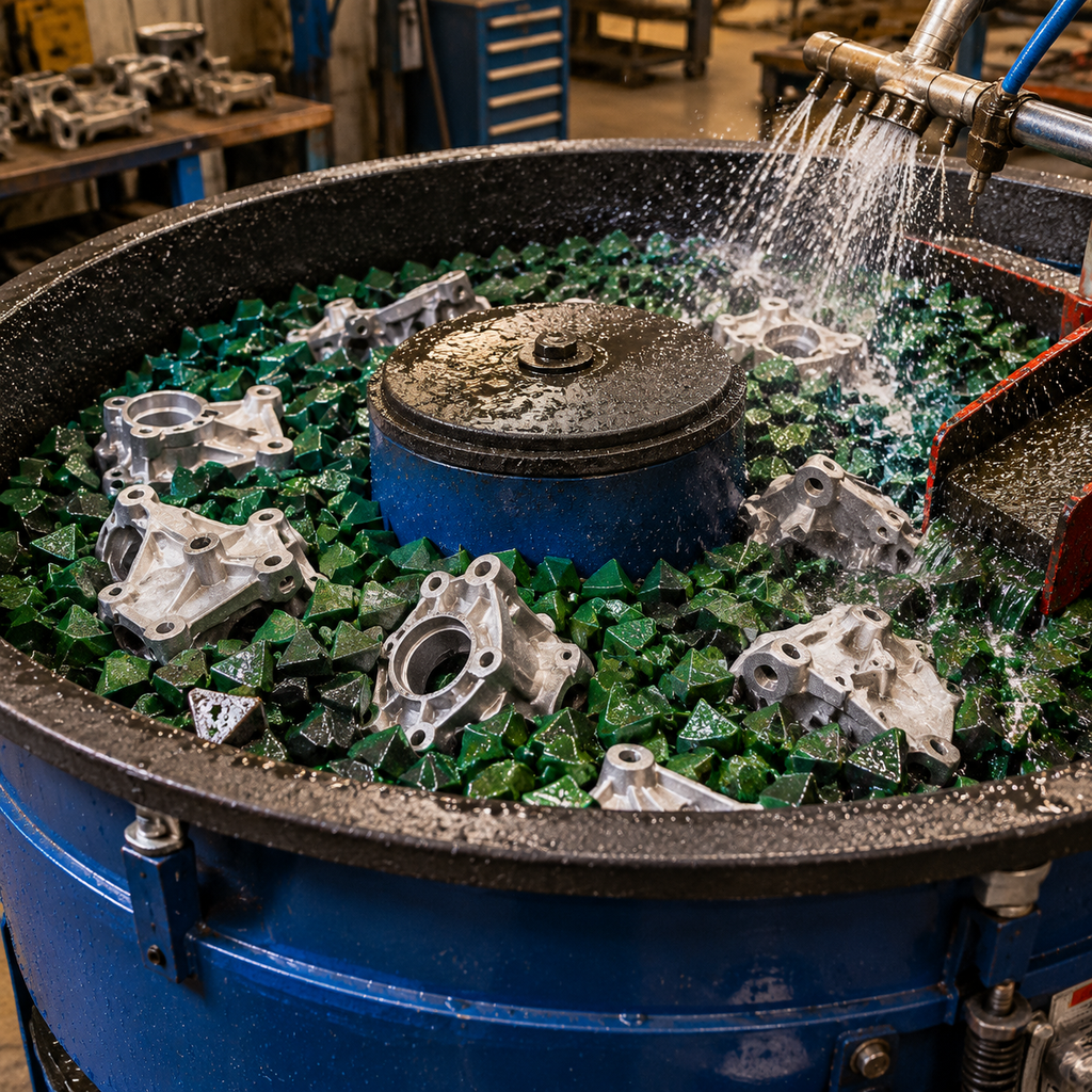 Vibratory finishing bowl for post-casting surface treatment
