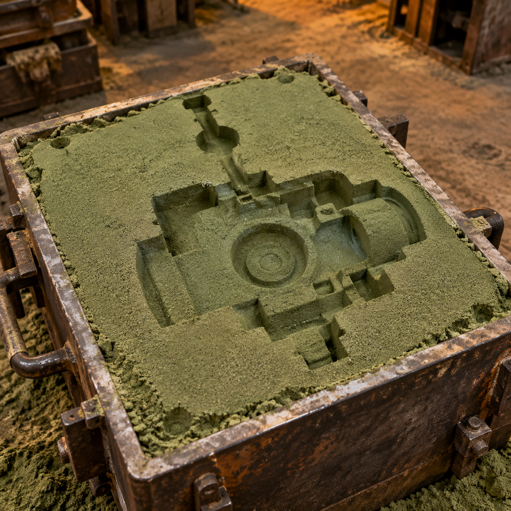 Green sand casting mold cavity showing grainy surface texture