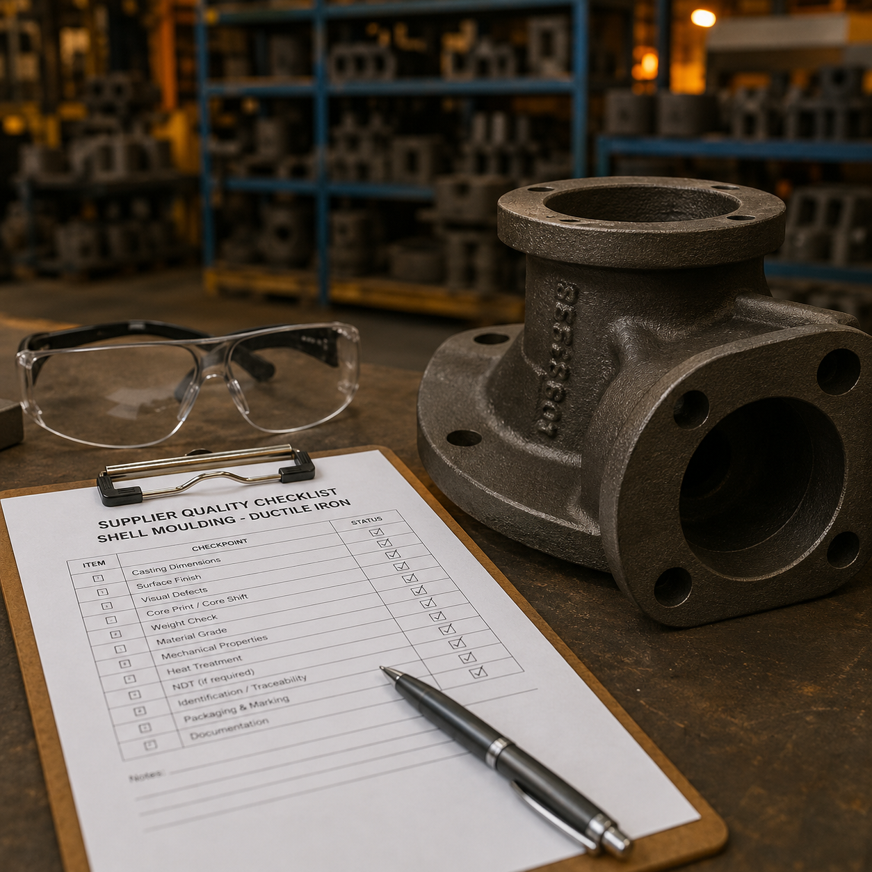 Foundry audit checklist and shell molded part on desk