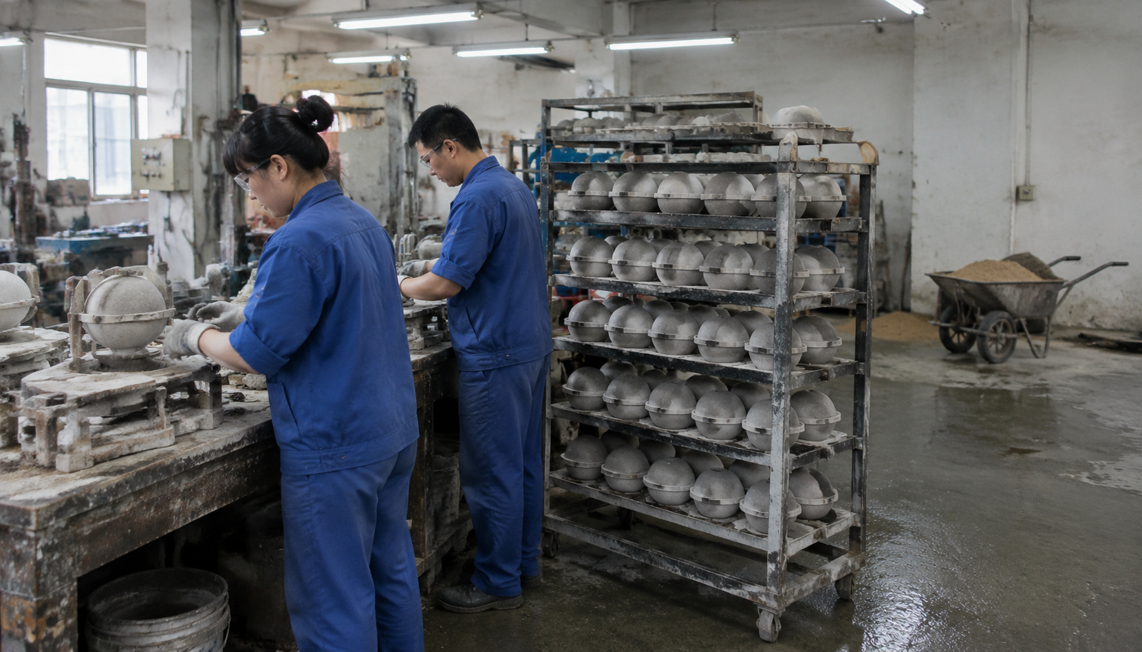Workers building ceramic shells at a silica sol investment casting foundry