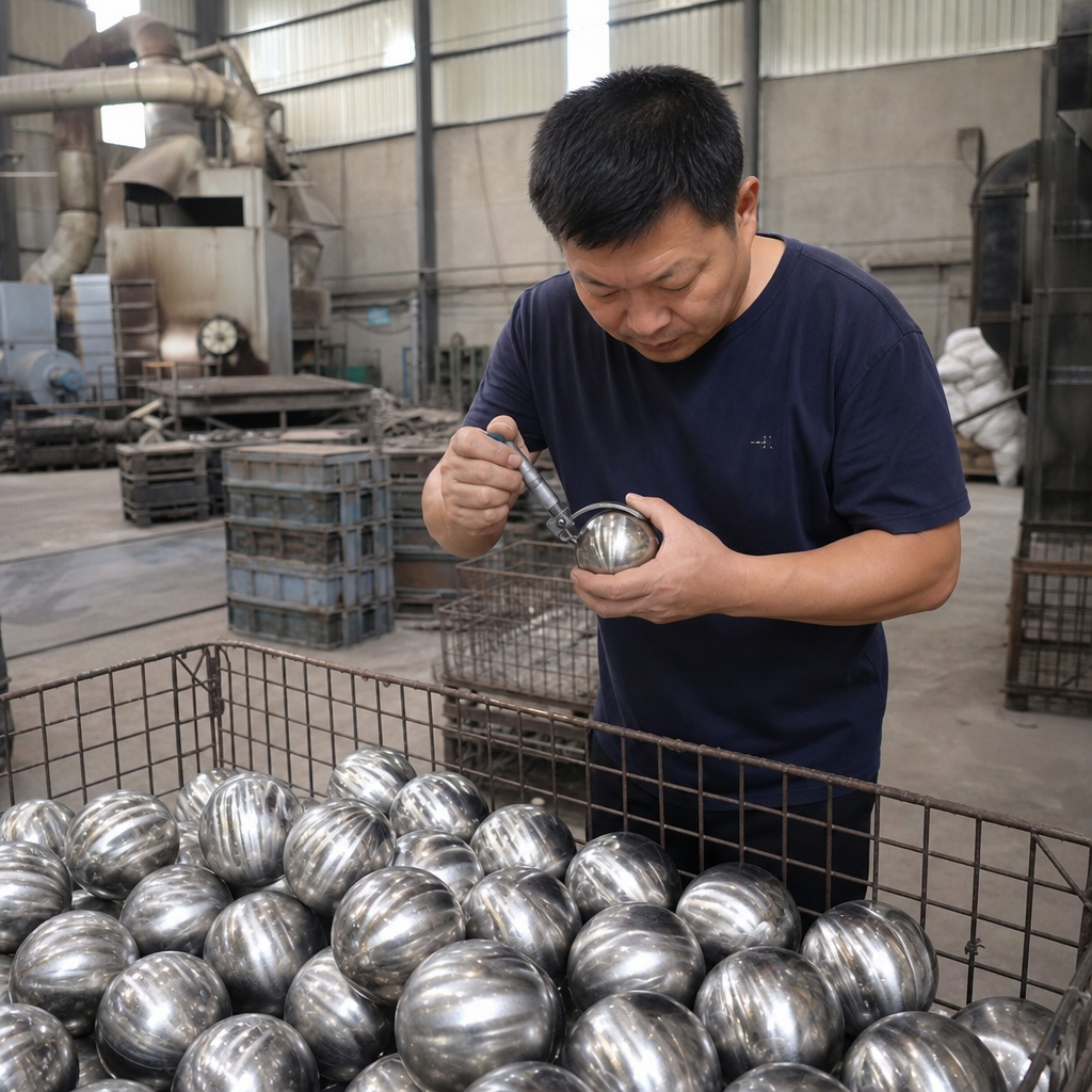 Inspector measuring a cast stainless float ball with a micrometer