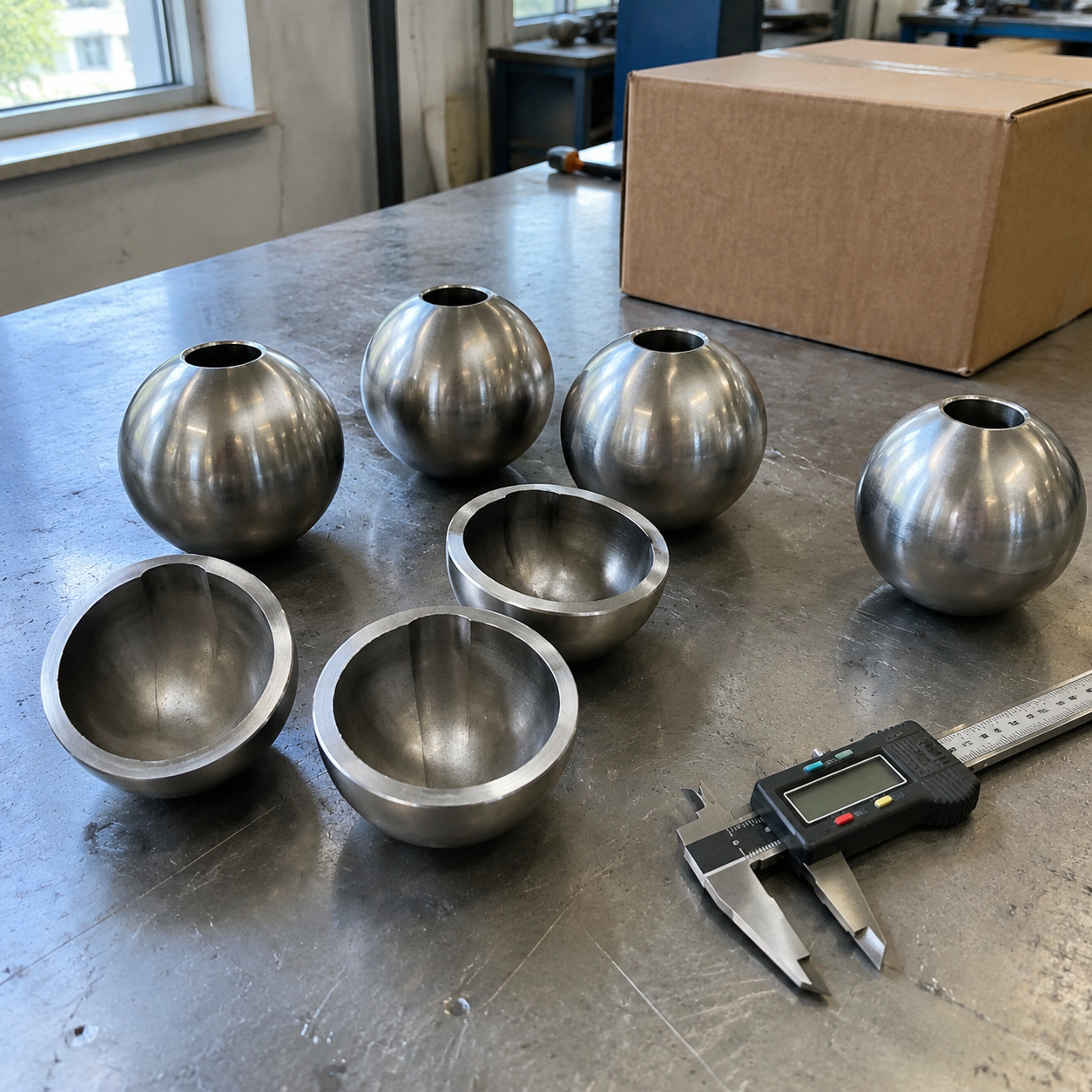 Sectioned stainless steel hollow float balls showing wall thickness