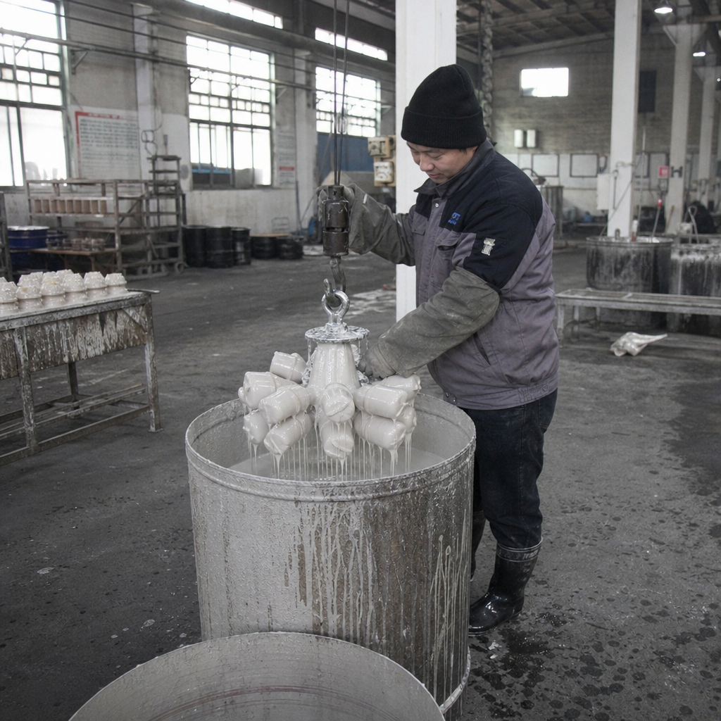 Worker dipping a wax pattern cluster into silica sol slurry