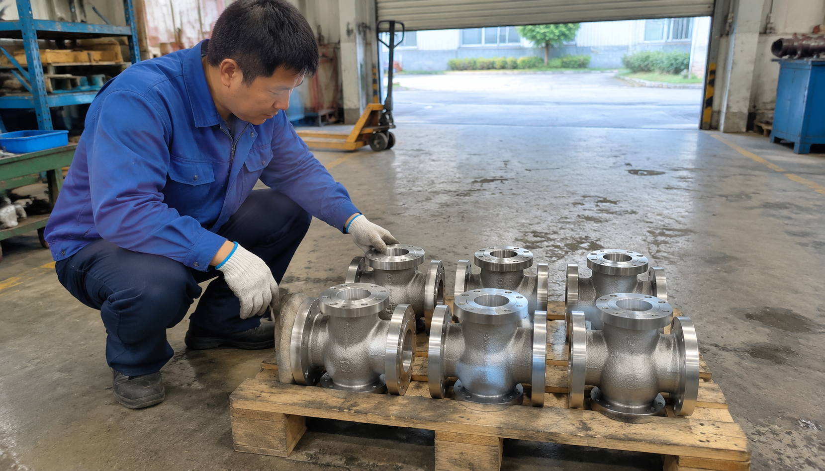 CF8M stainless steel valve body castings on a pallet in a foundry
