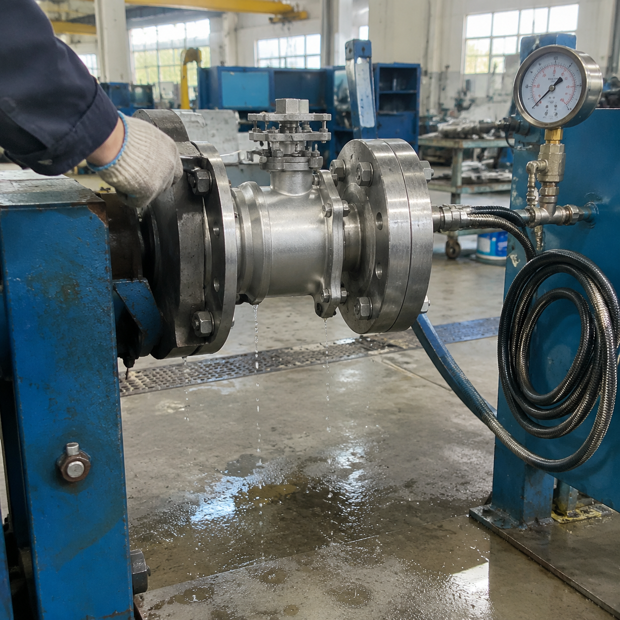 Valve body on a hydrostatic pressure test bench