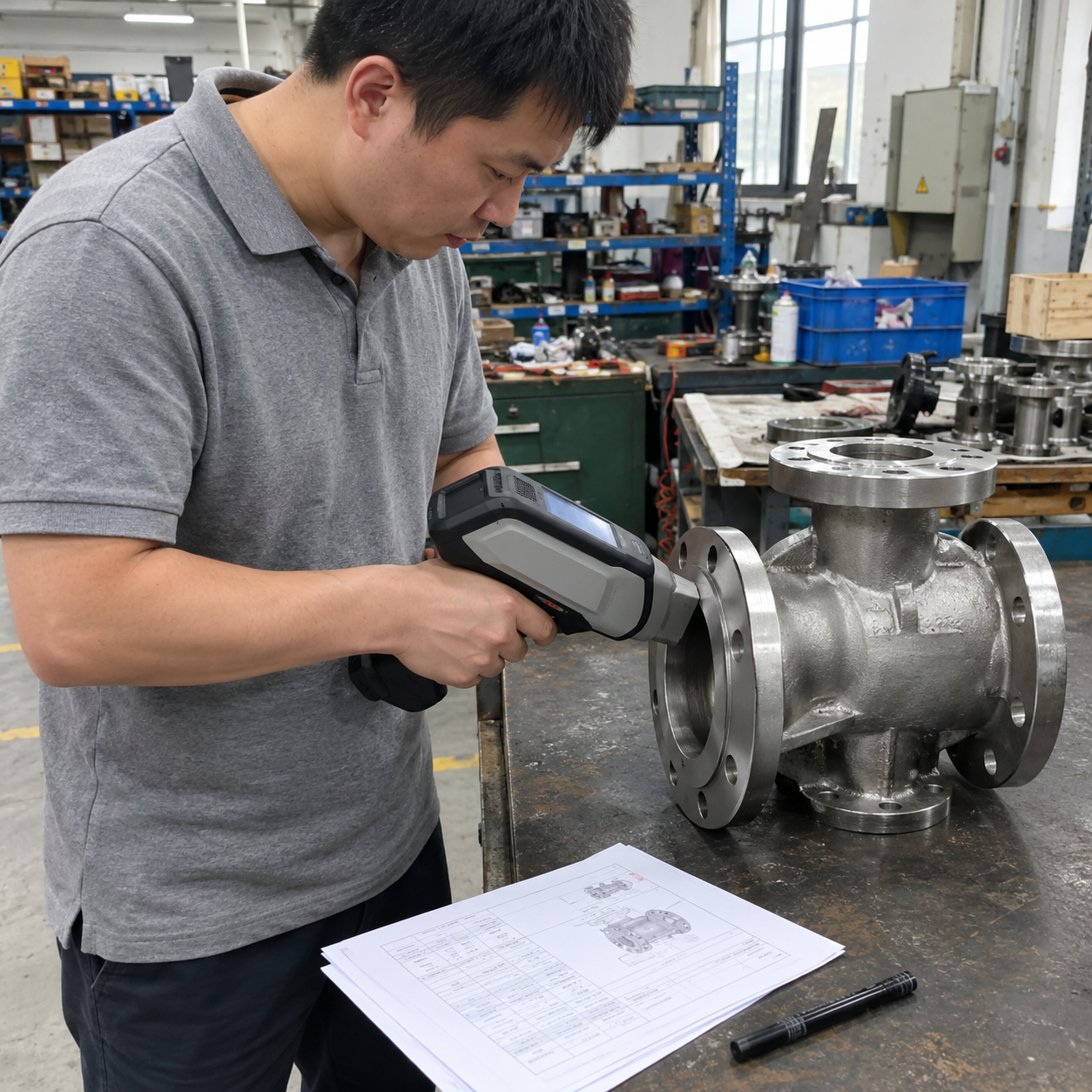 Inspector running PMI on a stainless steel valve body casting