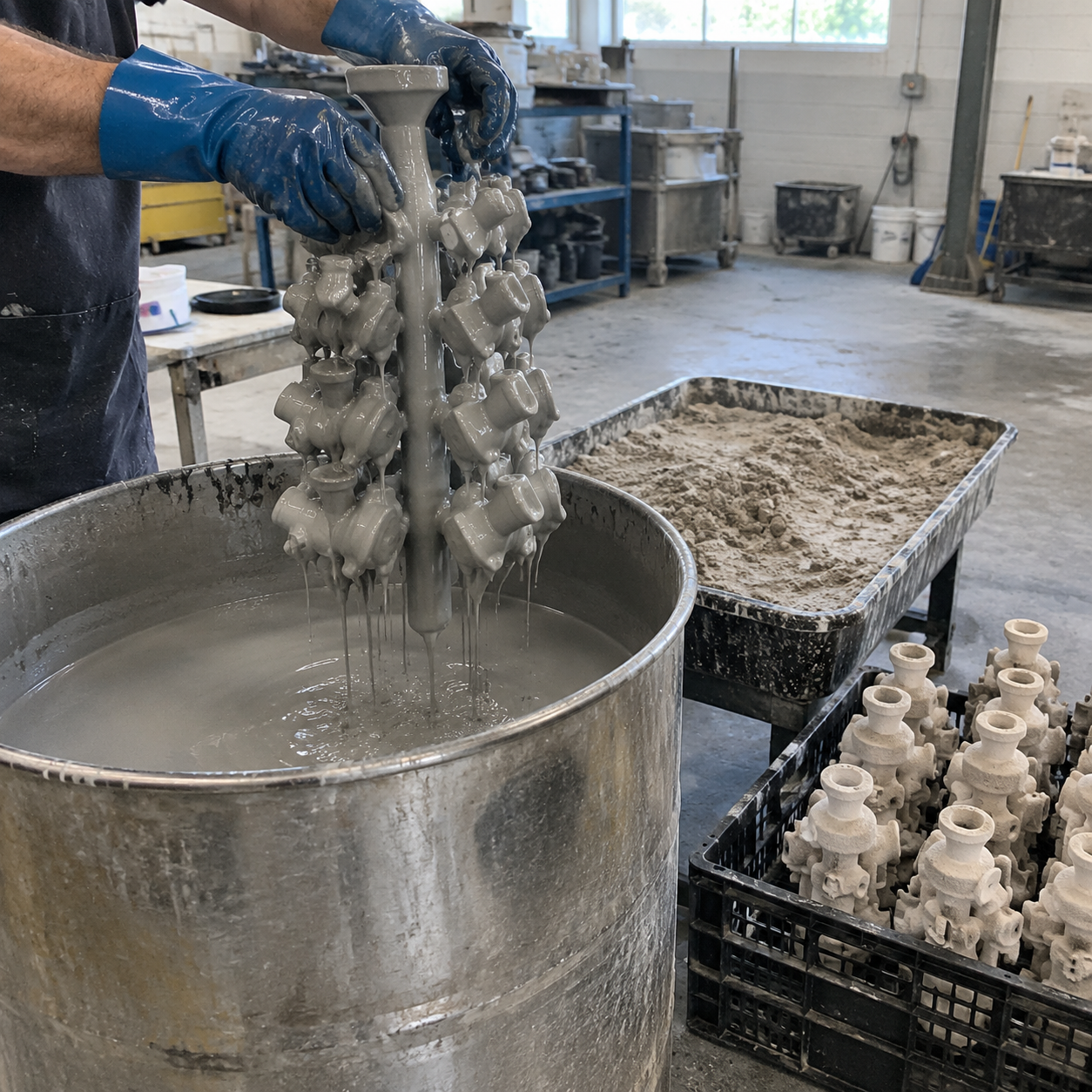 Wax pattern being dipped in silica sol slurry during shell building
