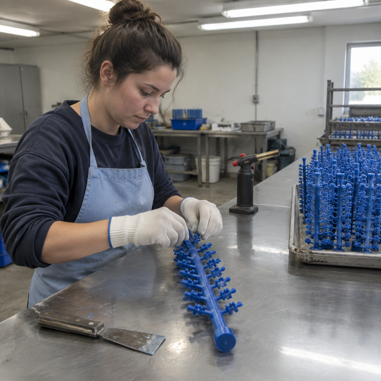 Worker assembling wax patterns onto a runner tree before shell building