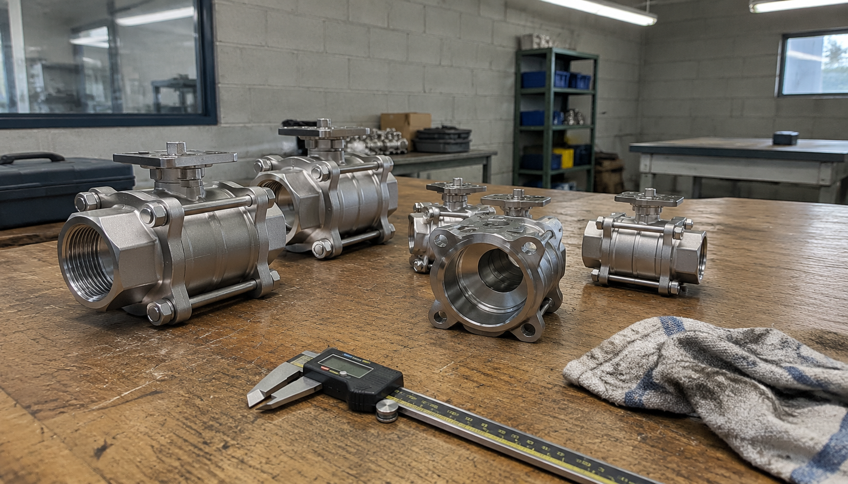 Two-piece ball valve bodies on a foundry inspection bench