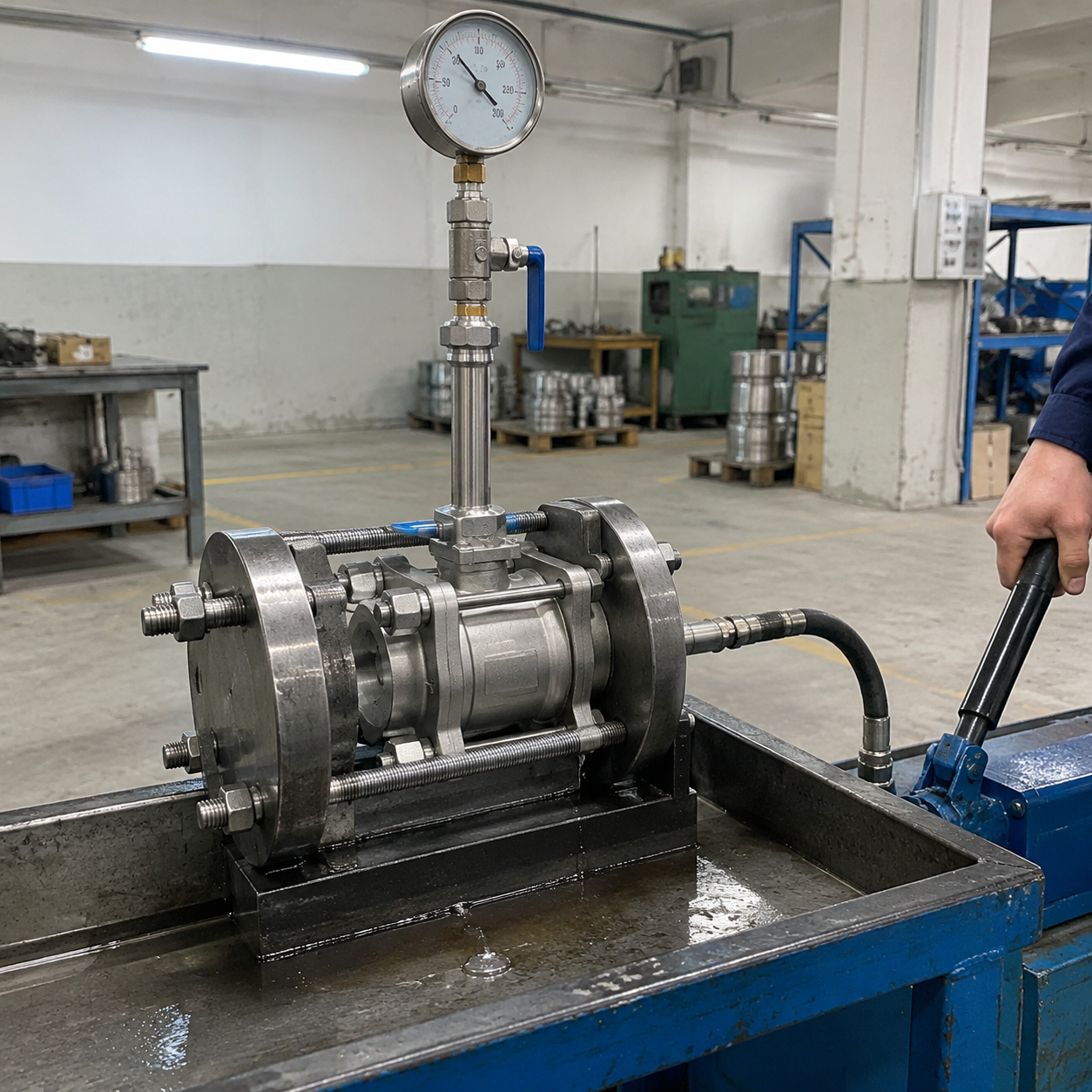 Ball valve body clamped on hydrostatic test bench