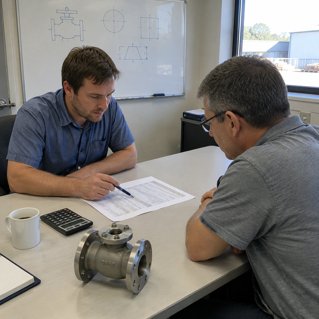 Two people reviewing a casting quotation at a table