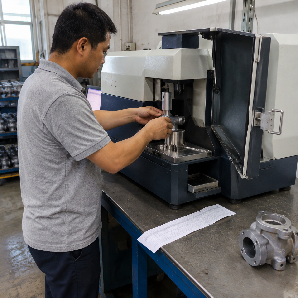 Technician checking casting chemistry on a spectrometer