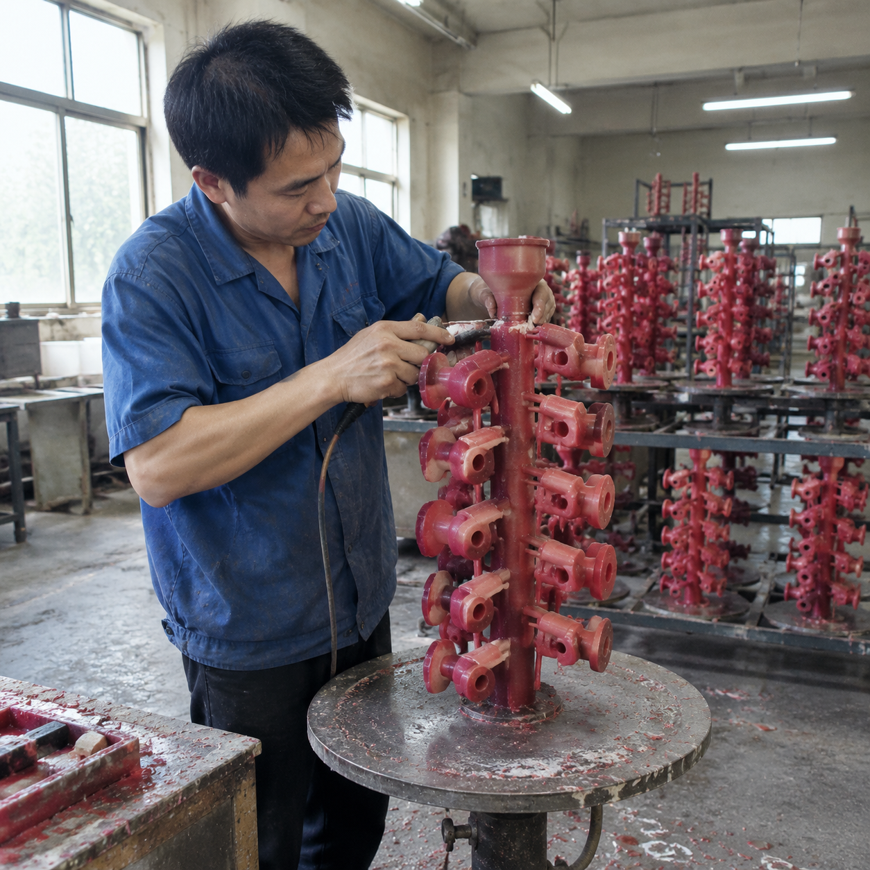 Worker assembling wax patterns onto a tree