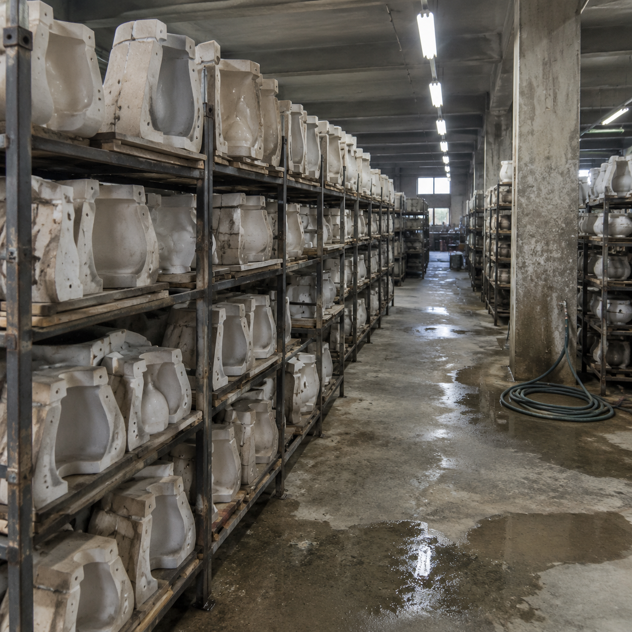 Ceramic shell moulds drying on racks in a silica sol foundry