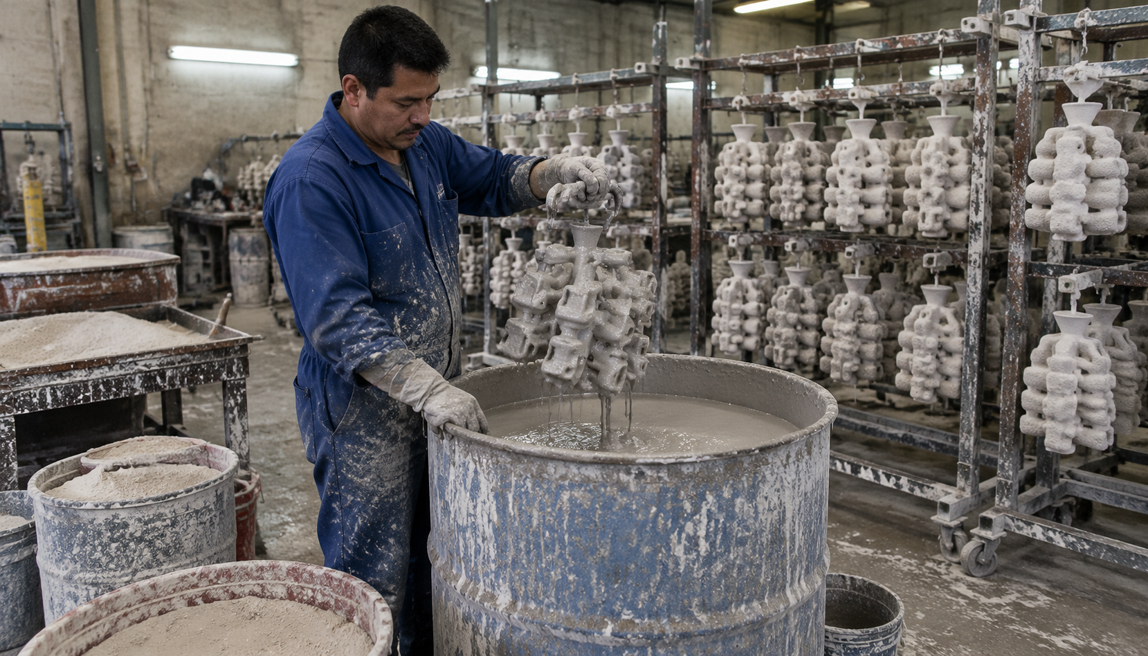 Worker dipping wax pattern clusters into ceramic slurry at a silica sol foundry