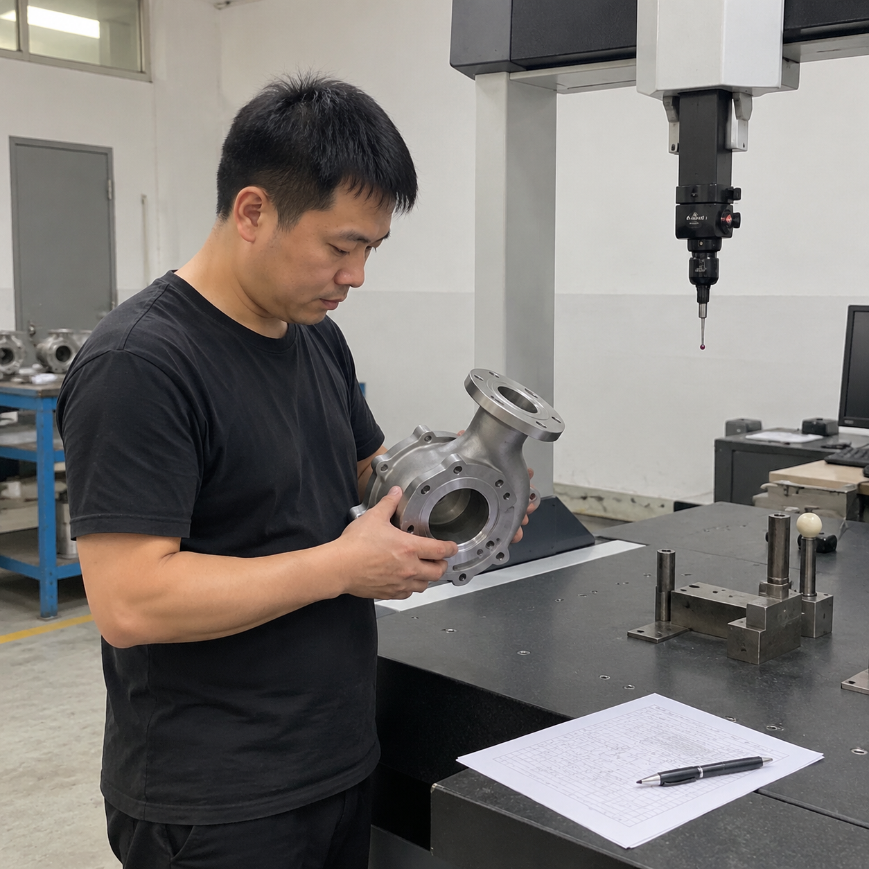Inspector measuring a stainless steel casting on a CMM