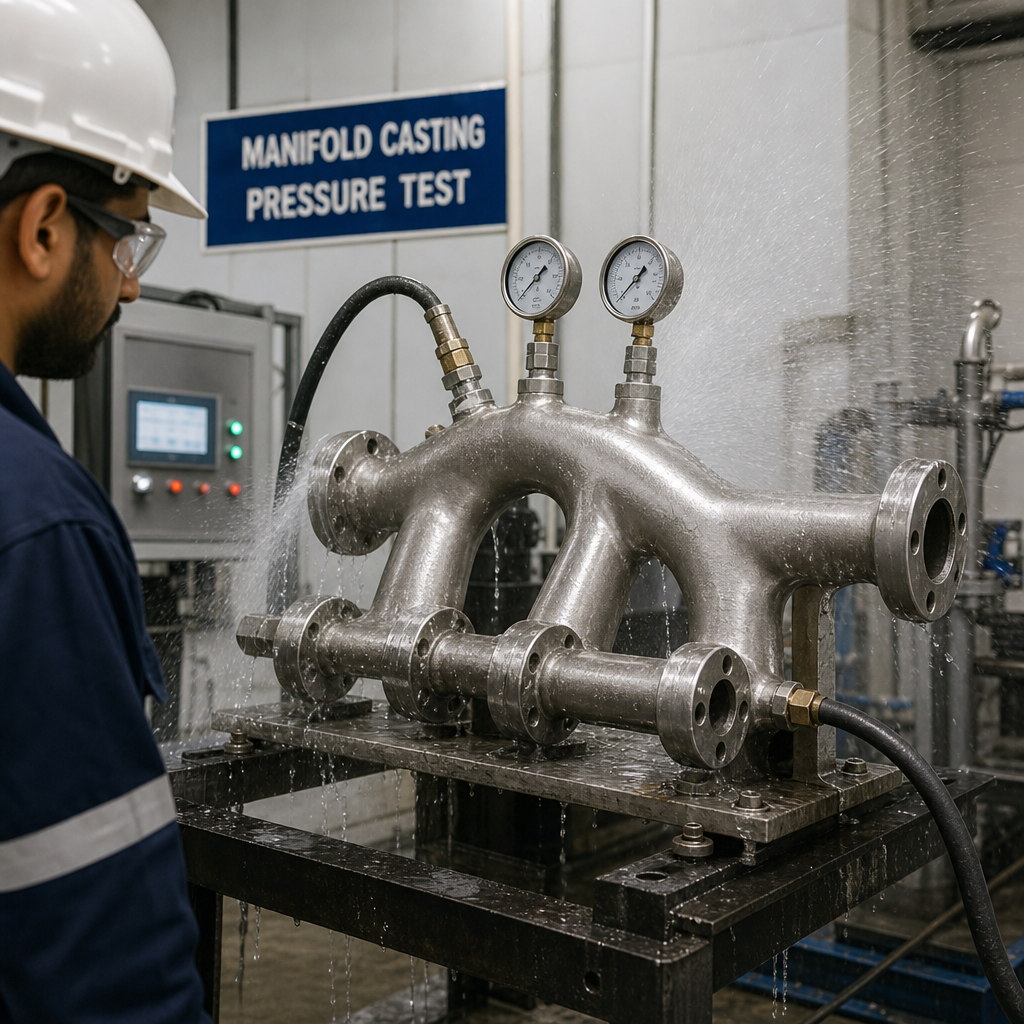 Hydrostatic pressure testing of a stainless manifold casting in a foundry