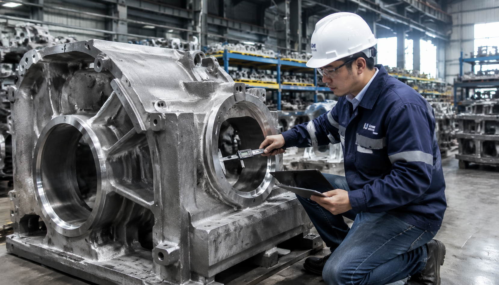 Foundry quality engineer inspecting metal casting