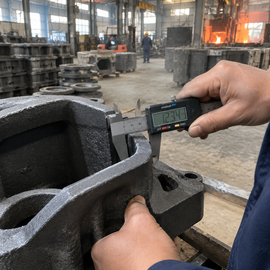 Digital calipers measuring wall thickness on a cast iron part