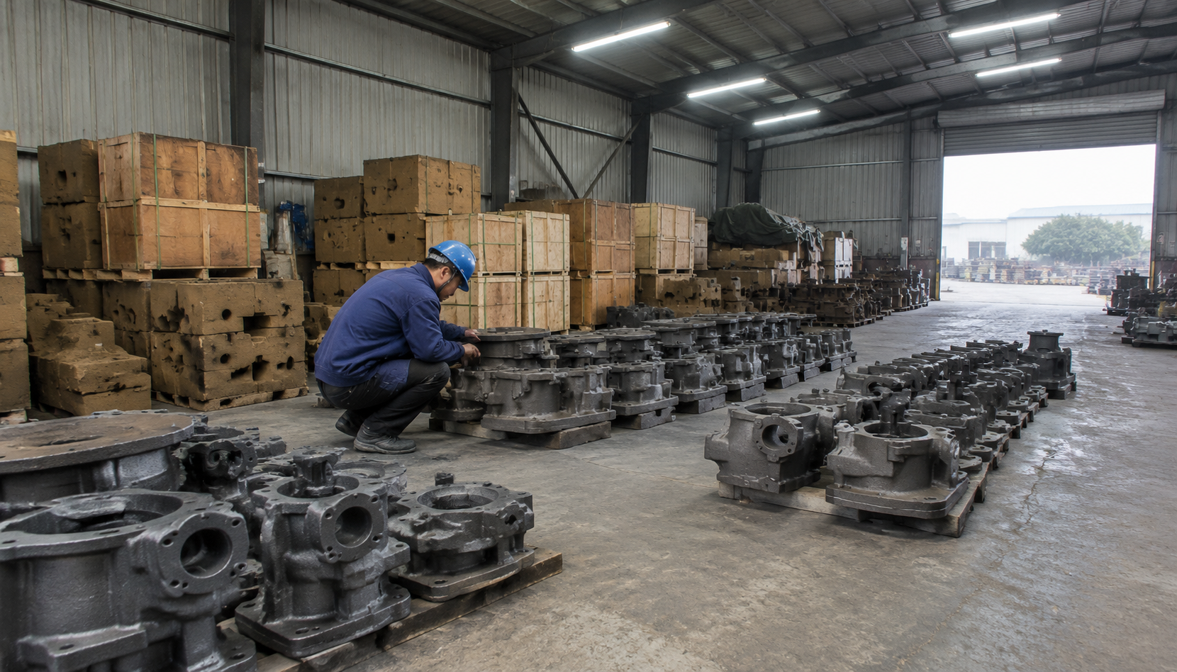 Castings laid out in a Chinese foundry yard with a worker inspecting one