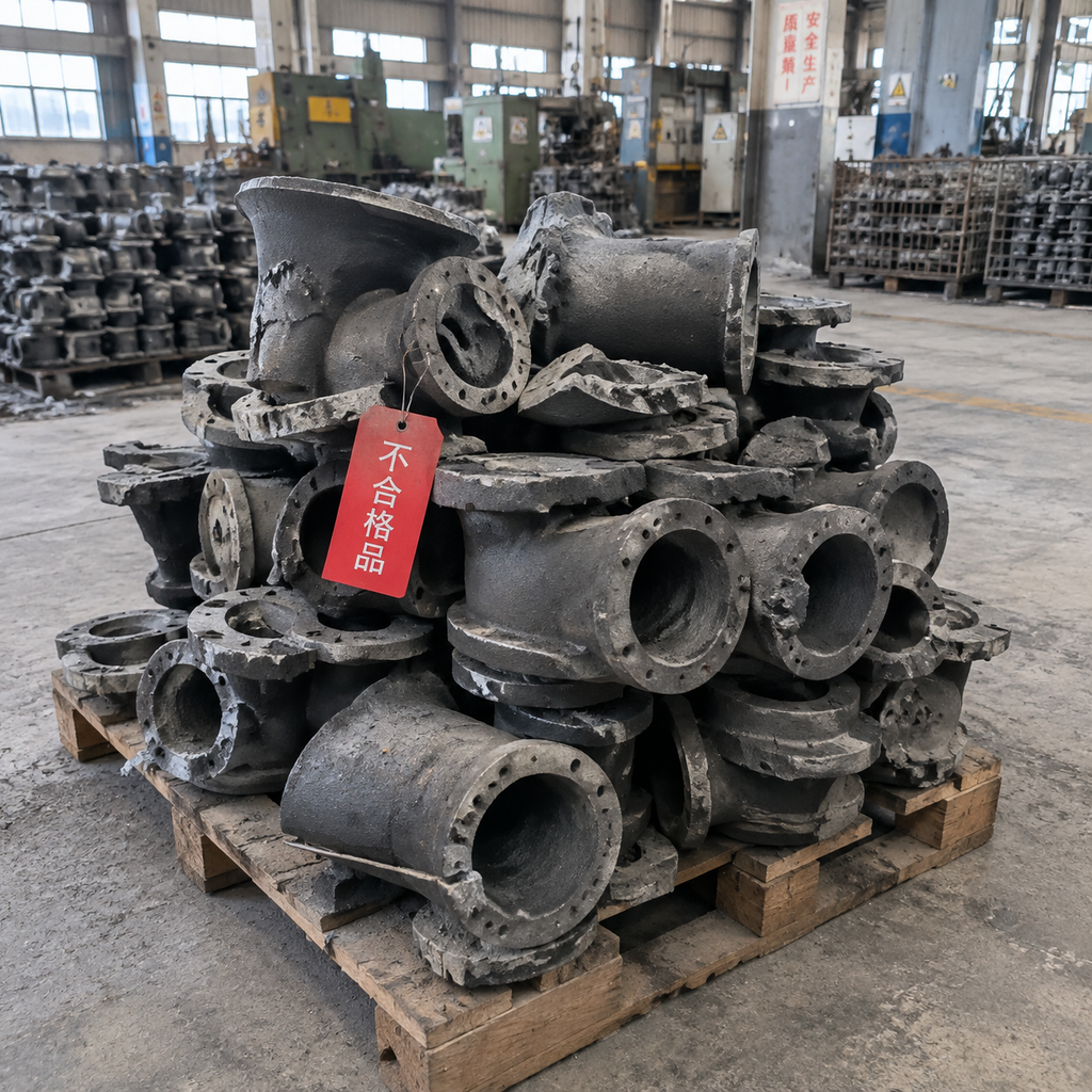 Rejected castings on a pallet with a red tag in a Chinese foundry