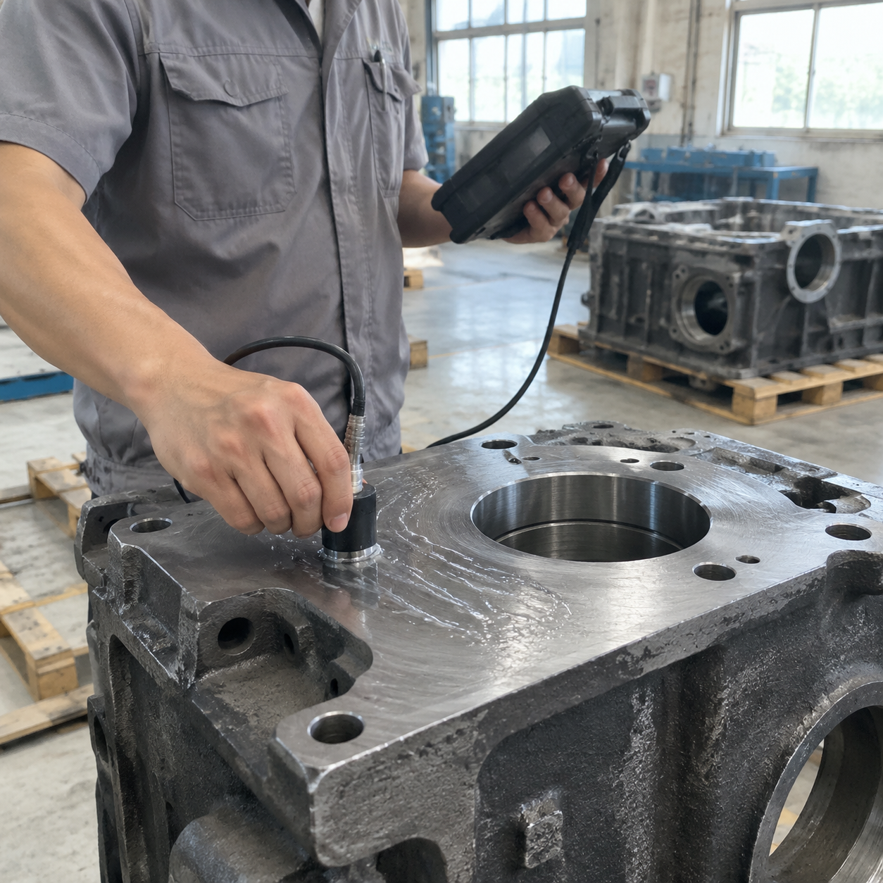 Ultrasonic testing on a cast iron housing in a Chinese foundry