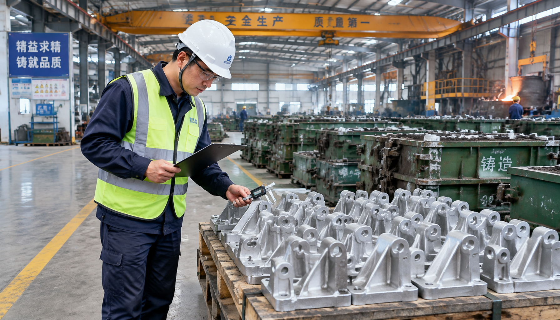 Third party inspector checking cast aluminum parts in a Chinese foundry