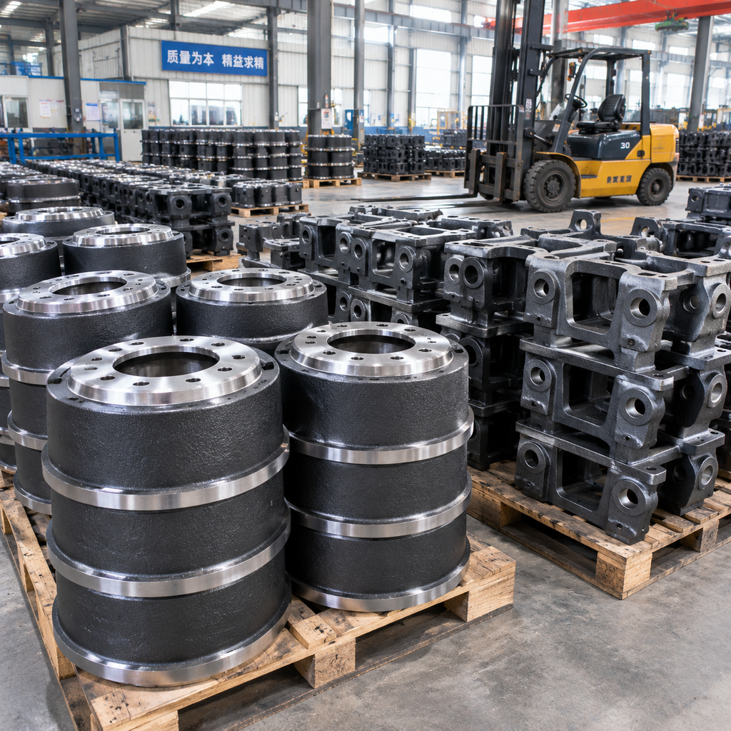 Heavy duty trailer brake drums and spring hangers at a Chinese foundry
