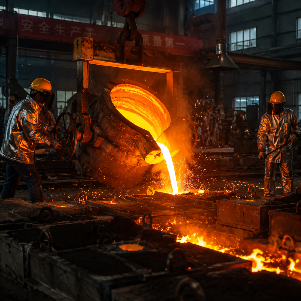 Molten iron being poured in a casting foundry
