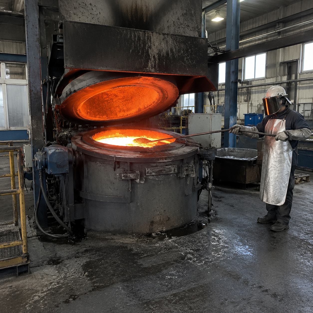 Induction furnace with molten metal in a foundry