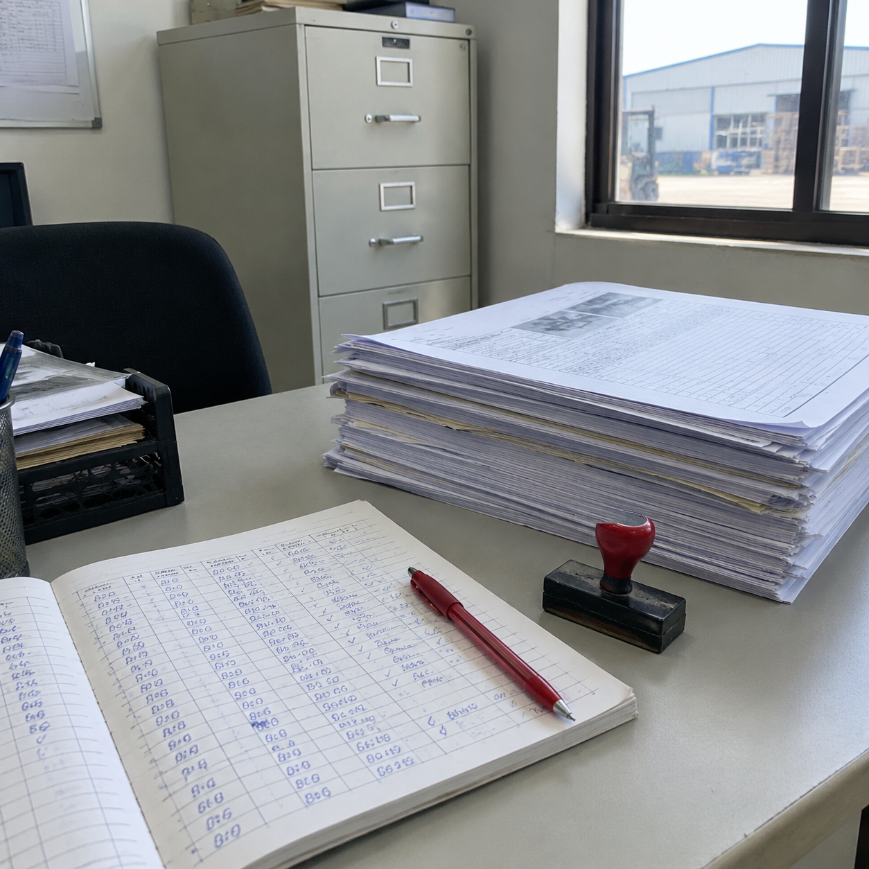 Inspection reports and logbook on a foundry QC desk
